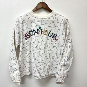 Vintage Bonjour Nautical Print Long Sleeve Tee Shirt White L